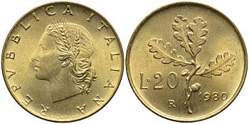 Италия 20 лир 1980 R, дубовая ветвь KM 97.2 алюминиевая бронза 4171-931