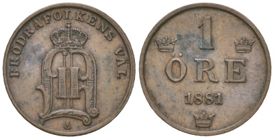 Швеция 1 эре 1881 Оскар II (1872-1907) KM 750 бронза 4611-327
