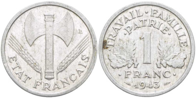 ФРАНЦИЯ 1 ФРАНК 1943 ТИП LEGERE, ПРАВИТЕЛЬСТВО ВИШИ KM 902.1, LE FRANC 223.3 алюминий 202-444