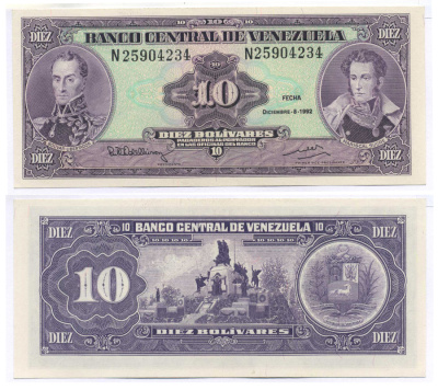 ВЕНЕСУЭЛА 10 БОЛИВАРОВ 1992 СЕРИЯ N, 8 ДЕКАБРЯ 1992, МОНУМЕНТ БИТВЕ ПРИ КАРАБОБО, ДВА ПОРТРЕТА БОЛИВАР И СУКРЕ Pick 61c бумага UNC (ПРЕСС) 8588-80-2-2