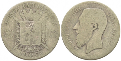 БЕЛЬГИЯ 50 САНТИМОВ 1866 BELGES, ЛЕОПОЛЬД II KM 26 серебро 116-731