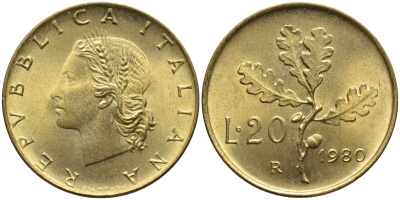 Италия 20 лир 1980 R, дубовая ветвь KM 97.2 алюминиевая бронза 4171-931