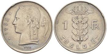 Бельгия 1 франк 1952 Belgie, Бодуэн I (1951-1993) KM 143.1 медно-никель 202-946