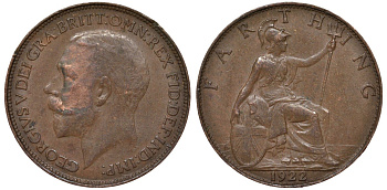 Великобритания 1 фартинг 1922 Георг V (1910-1936) KM 808.2, Spink 4060 бронза 4164-368