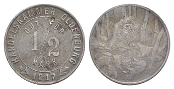 Ольденбург 1/2 марки 1917 Funck 407.1, Men18 14948.4 железо 1527-513