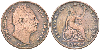 Великобритания 1 фартинг 1837 Вильгельм IV (1830-1837) KM 705, Spink 3848 медь 4613-367