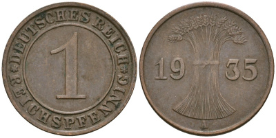 Германия 1 рейхспфенниг 1935 A KM 37, J. 313 бронза 4528-427