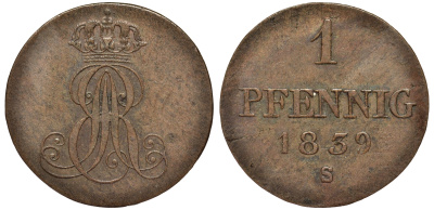 Ганновер 1 пфенниг 1839 S, Эрнст Август (1837-1851) KM 173.3, AKS 128, J. 54 медь 75-1541