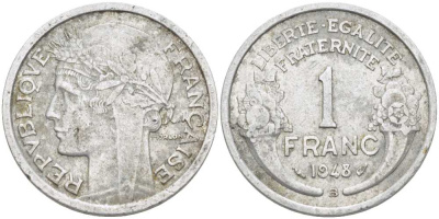 ФРАНЦИЯ 1 ФРАНК 1948 В, ТИП MORLON, LEGERE KM 885a.1, LE FRANC 221.14 алюминий 175-451