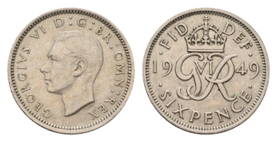 Великобритания 6 пенсов 1949 Георг VI (1936-1952) KM 875, Spink 4110 медно-никель 4643-957