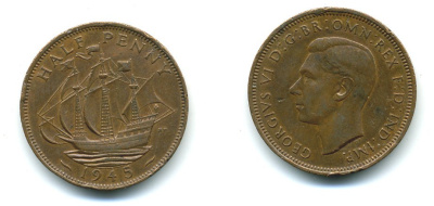 Великобритания 1/2 пенни 1945 Георг VI (1936-1952) KM 844, Spink 4115 бронза 540-442