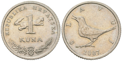 Хорватия 1 куна 2007 западный соловей, легенда на хорватском KM 9.1 медь цинк никель aUNC 4448-915