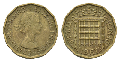 Великобритания 3 пенса 1961 Елизавета II (1952-2022) KM 900, Spink 4153 никель латунь 85-743