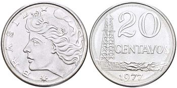 Бразилия 20 сентаво 1977 голова свободы влево KM 579.1a, Schon 84b нержавеющая сталь UNC 4529-415