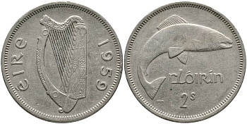 ИРЛАНДИЯ 1 ФЛОРИН = 2 ШИЛЛИНГА 1959 ЛОСОСЬ KM 15а медно-никель 4531-821