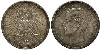 Бавария 5 марок 1908 Отто (1886-1913) Weege 47, J. 46, KM 512 серебро 3711-1543