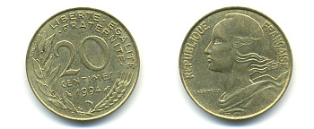ФРАНЦИЯ 20 САНТИМОВ 1994 KM 930 медь алюминий никель 25-427