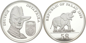 Палау 5 долларов 1999 немецкие колонии, Восточная Африка (Ost) KM 18 серебро PROOF 00-00-00
