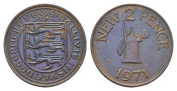 Гернси 2 пенса 1971 Елизавета II (1952-2022), ветряная мельница KM 22 бронза 4691-126