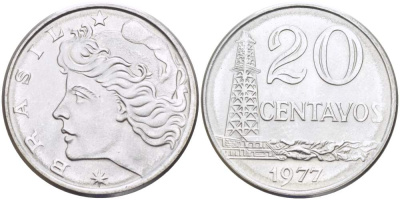 Бразилия 20 сентаво 1977 голова свободы влево KM 579.1a, Schon 84b нержавеющая сталь UNC 4529-415