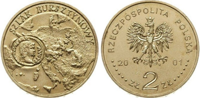 Польша 2 злотых 2001 MW, янтарный путь KM 410 нордик  UNC 4521-1024