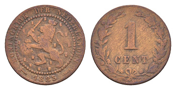 Нидерланды 1 цент 1883 Виллем III (1849-1890) KM 107 бронза 71-339