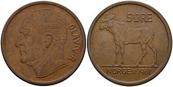 Норвегия 5 эре 1961 Улаф V (1958 - 1991) KM 405 бронза 4156-252