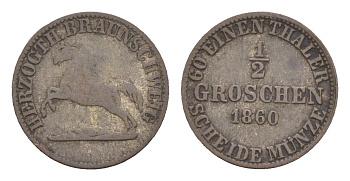 Брауншвейг 1/2 гроша 1860 Вильгельм VIII (1830-1884) KM 1151, AKS 87, J. 255 серебро 4659-114