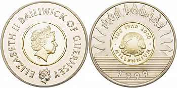Гернси 5 фунтов 1999 миллениум KM 91 биметалл UNC 11-154-13