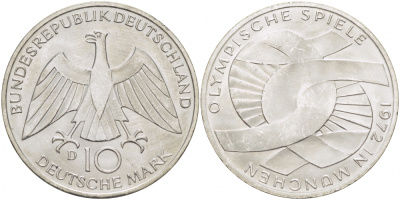 ФРГ 10 марок 1972 D, XX летние Олимпийские игры 1972 года в Мюнхене, символика KM 131, J.402 серебро UNC 4127-111