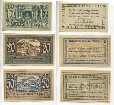 Австрия набор из 3 банкнот 1920 до 1 января 1921, нотгельд, 10, 20, 50 геллеров, WOLFSEGG   бумага  XF 7555-7-2-1