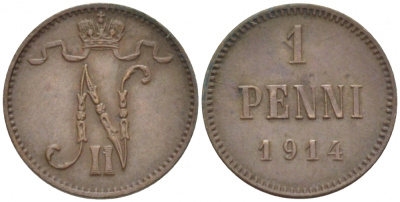 Россия для Финляндии 1 пенни 1914 Николай II (1894-1917) KM 13, Биткин 474 медь 4396-1425