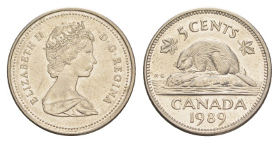 Канада 5 центов 1989 Елизавета II (1952-2022), бобр KM 60.2a медно-никель 4636-618