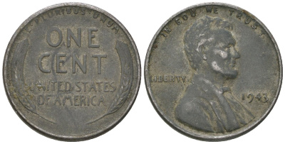 США 1 цент 1943 Авраам Линкольн KM 132 a сталь покрытая цинком 214-845