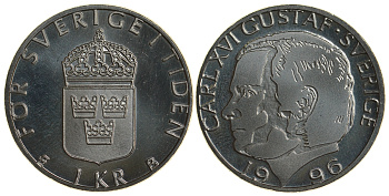 Швеция 1 крона 1996 B, Карл XVI Густав (1973- ) KM 852a медно-никель PROOFLIKE 4179-1246