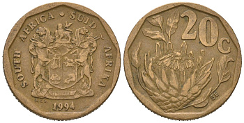 ЮАР 20 центов 1994 герб, цветок протея KM 136 сталь плакированная бронзой 4621-557