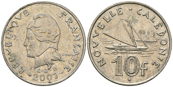 Французская Новая Каледония 10 франков 2007 рыбачья парусная лодка, (IEOM) KM 11a, Schoen 13a, Lec 99k медно-никель 56-514