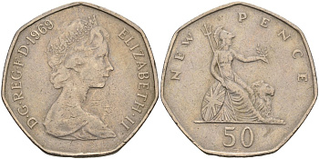Великобритания 50 пенсов 1969 Елизавета II (1952-2022) KM 913, Spink 4223 (H1) медно-никель 4583-1241