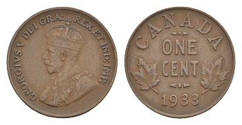 Канада 1 цент 1933 Георг V (1910-1936) KM 28 бронза 4636-548