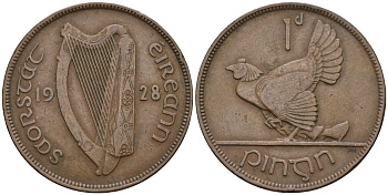 Ирландия 1 пенни 1928 курица с цыплятами KM 3 бронза 221-225