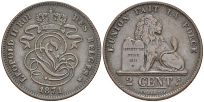 Бельгия 2 сантима 1871 BELGES KM 35.1 медь 4127-242