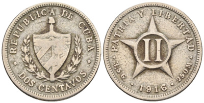 Куба 2 сентаво 1916 KM A10, JMA 28, Y 4 медно-никель 4115-1119
