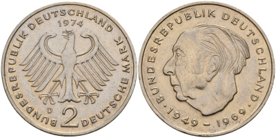 ФРГ 2 марки 1974 D, Конрад Аденауэр KM 124, J. 406 медно-никель 4159-1233