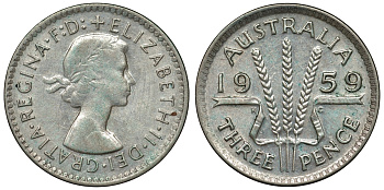 Австралия 3 пенса 1959 m, Елизавета II (1952-2022) KM 57 серебро 71-612