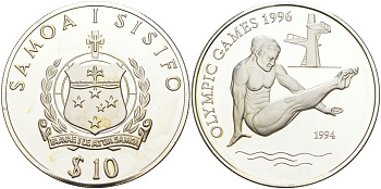 Самоа 10 тала 1994 летние Олимпийские игры 1996 года в Атланте, прыжки в воду KM 91 серебро PROOF 1074-5-42