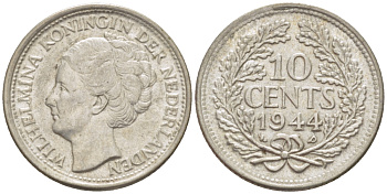 Нидерланды 10 центов 1944 Вильгельмина (1890-1948) KM 163 серебро aUNC 4392-1065
