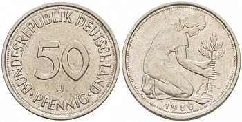 ФРГ 50 ПФЕННИГОВ 1980 J KM 109.2 медно-никель 4392-916