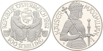 Австрия 100 шиллингов 1992 Максимилиан I, в коробке, с сертификатом подлинности KM 3003 серебро PROOF 3-4-4-02