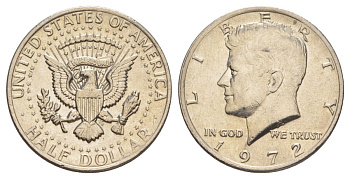 США 1/2 доллара (50 центов) 1972 Джон Кеннеди KM 202b медь плакированная медно-никелем aUNC 4140-526