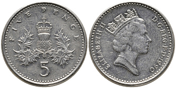Великобритания 5 пенсов 1990 Елизавета II (1952-2022) KM 937b, Spink 4372 (D4) медно-никель 99-1064